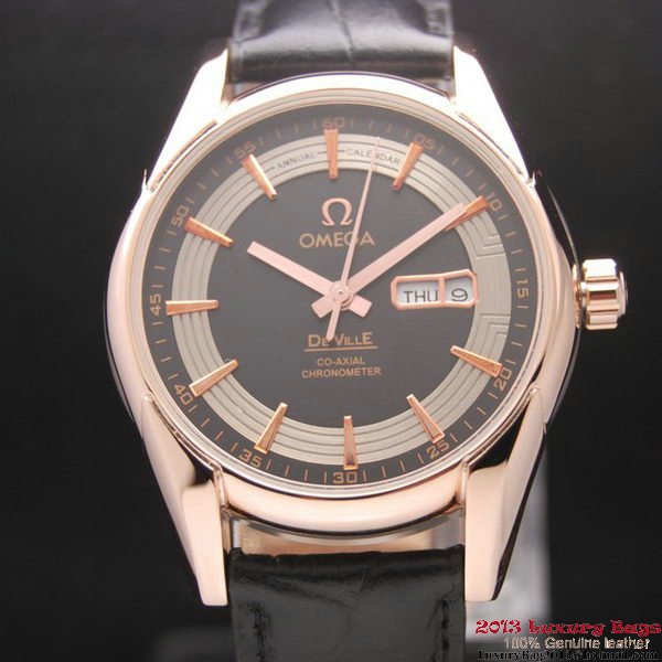 OMEGA DE VILLE HOUR VISION ANNUAL CALENDAR Red Gold on Black Leather Strap OM77124