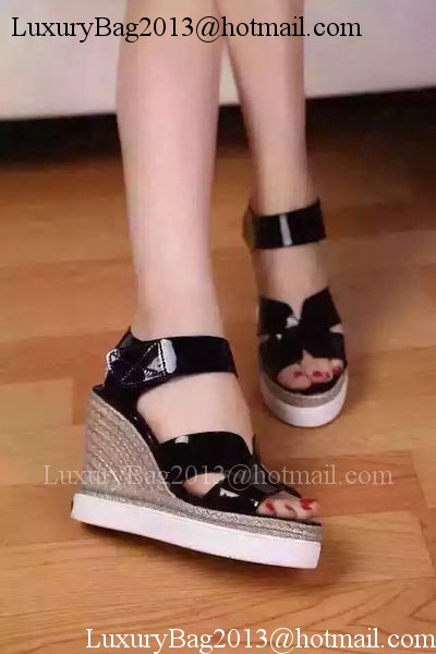 Hermes Patent Leather 10cm Wedges Sandal HO538 Black