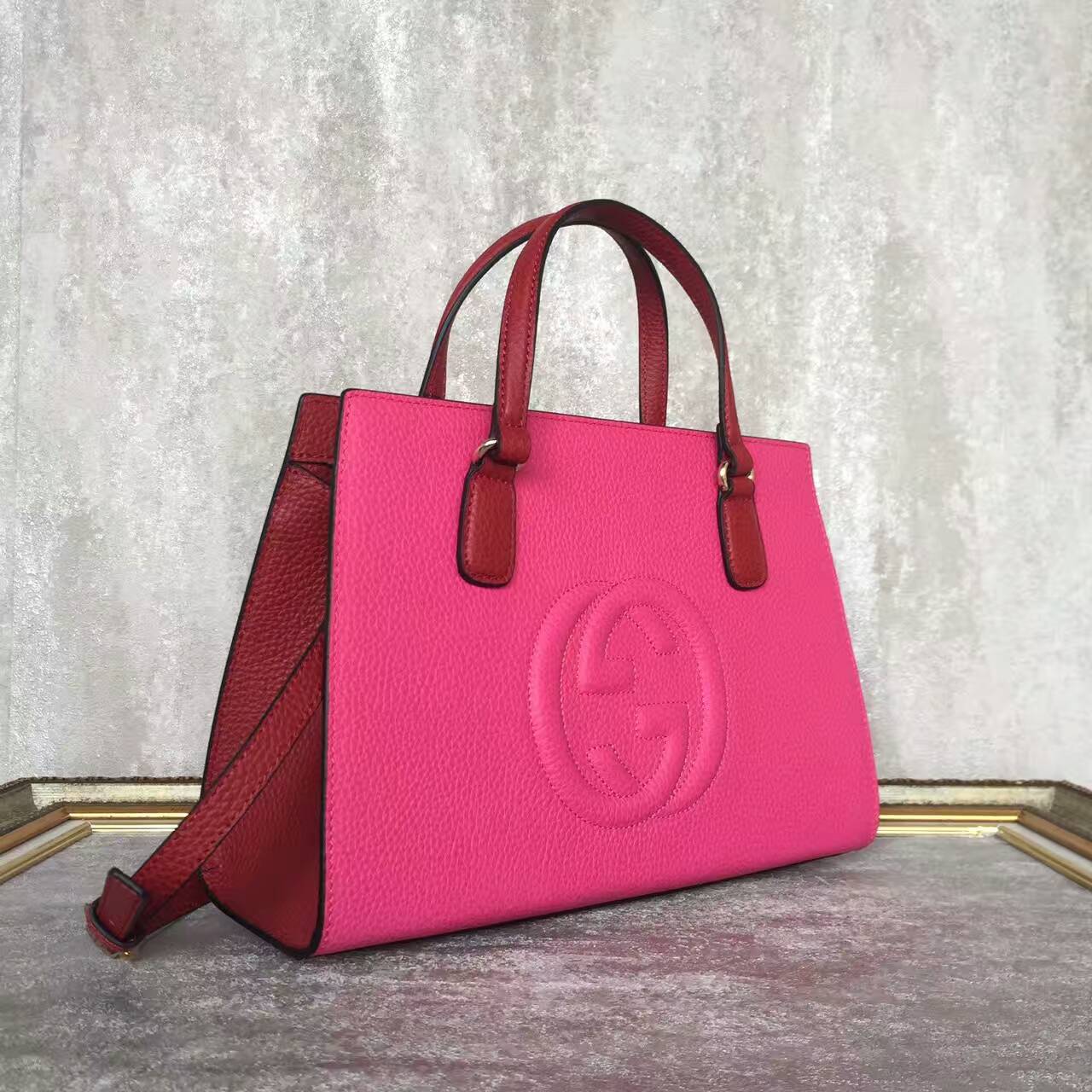 GUCCI Soho Leather Top Handle Bag 431572 Pink&Burgundy