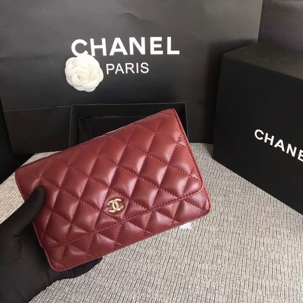 Chanel WOC Flap Bag Dark Red Original Sheepskin Leather 33814 Silver