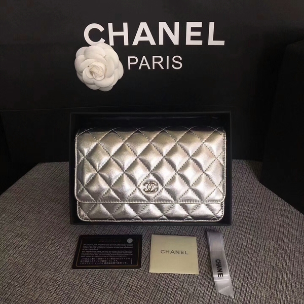 Chanel WOC Flap Bag Original Sheepskin Leather 33814B Silver