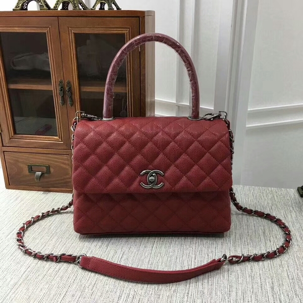 Chanel Caviar Leather Red Top Handle Bag 92991 Silver