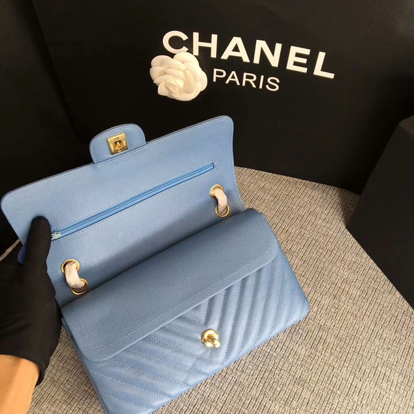 Chanel Flap Shoulder Bags Skyblue Original Calfskin Leather CF1112 Glod