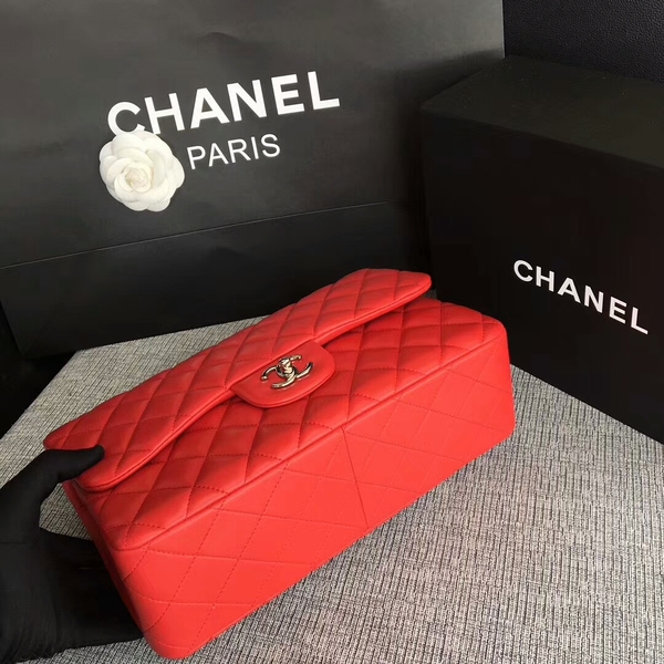 Chanel Flap Shoulder Bags Red Original Lambskin Leather CF1113 Silver