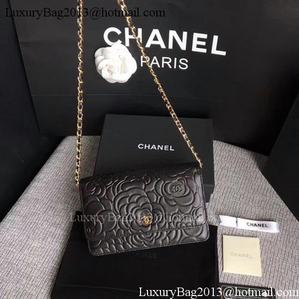 Chanel WOC Black Camellia Leather mini Flap Bag A33814 Gold