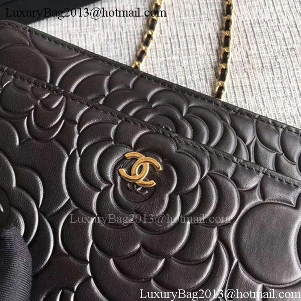 Chanel WOC Black Camellia Leather mini Flap Bag A33814 Gold