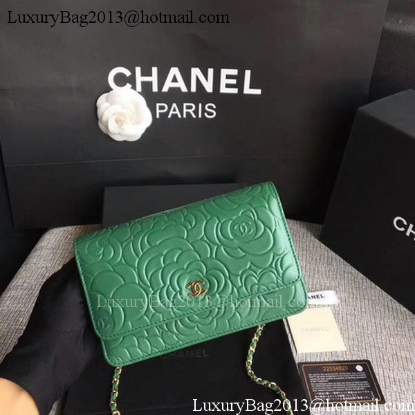 Chanel WOC Green Camellia Leather mini Flap Bag A33814 Gold