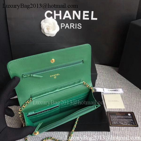 Chanel WOC Green Camellia Leather mini Flap Bag A33814 Gold