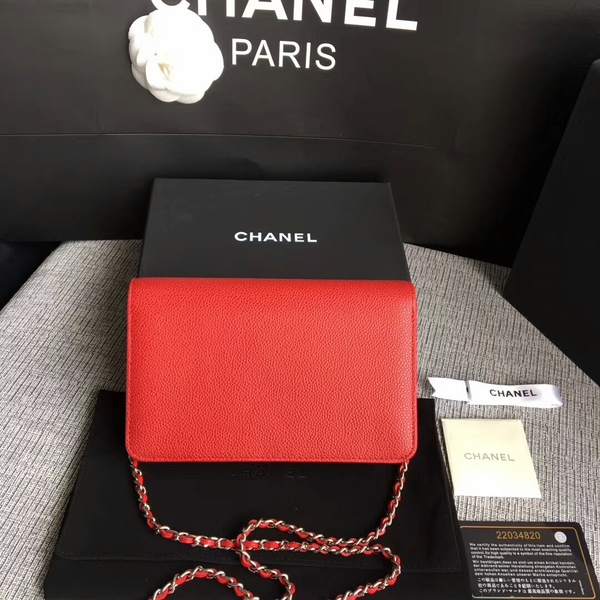 Chanel WOC Original Calfskin Leather Red Shoulder Bag 33814 Silver