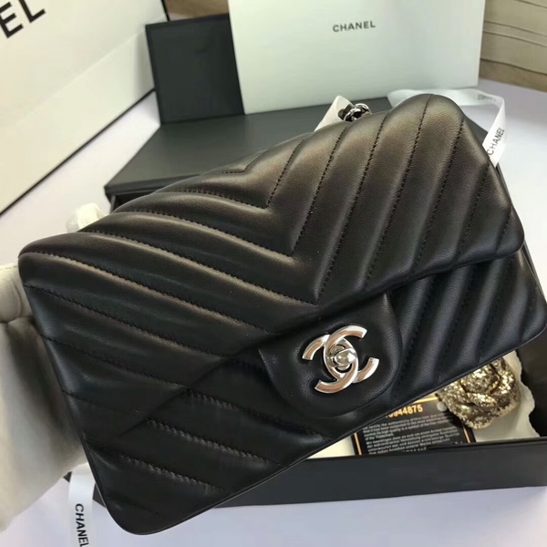 Chanel Classic Flap Bags Black Original Sheepskin Leather 1116 Silver