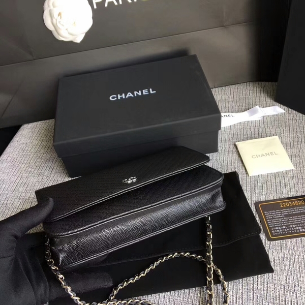 Chanel WOC Flap Shoulder Bag Black Calfskin A33814 Silver