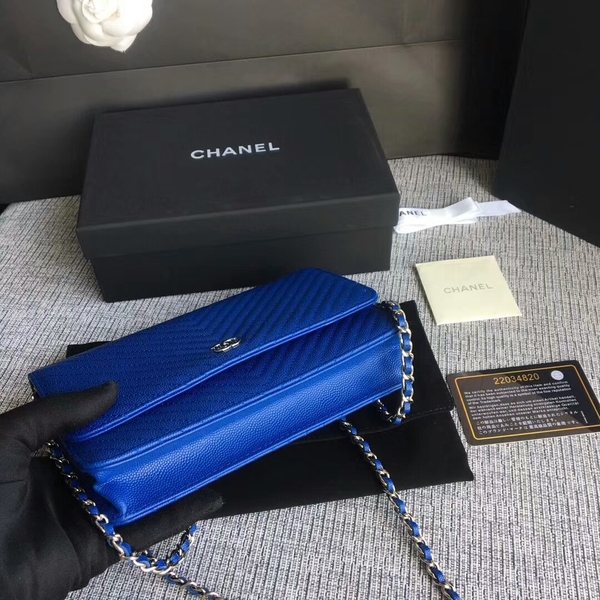 Chanel WOC Flap Shoulder Bag Blue Calfskin Leather A33814 Silver