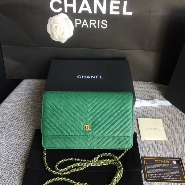 Chanel WOC Flap Shoulder Bag Green Calfskin Leather A33814 Gold