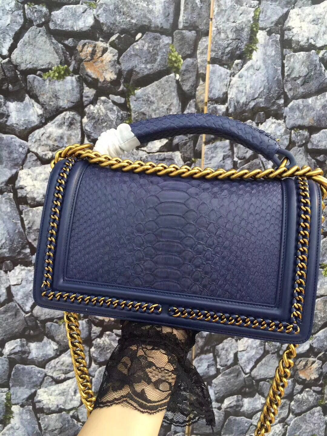 Boy Chanel Flap Shoulder Bag original Snake leather 67086 dark blue