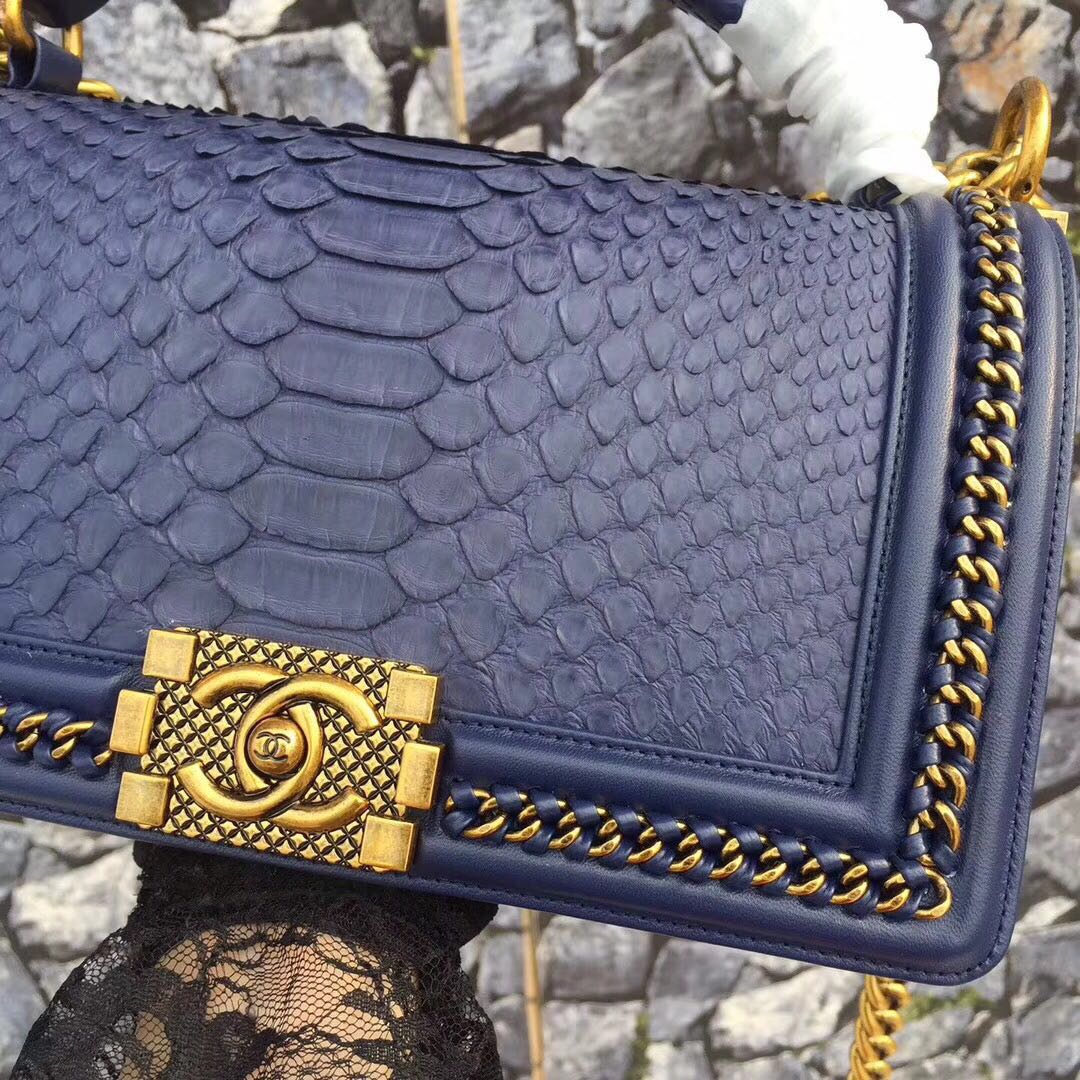 Boy Chanel Flap Shoulder Bag original Snake leather 67086 dark blue