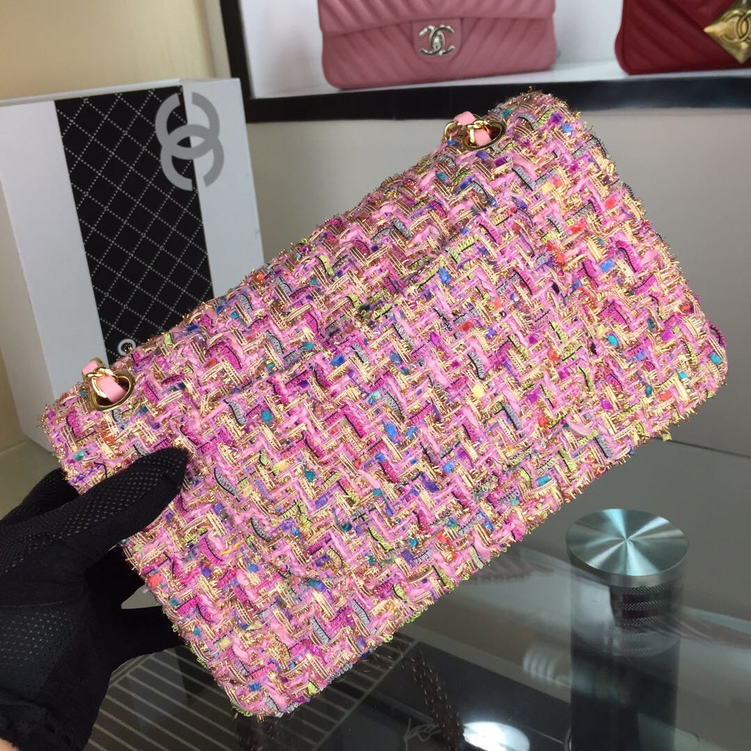 Chanel 2018 Spring Summer Flap Shoulder Bag pink Canvas Leather 1112A Gold