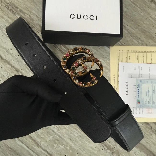 Gucci Leather belt with crystal Double G buckle 480199 black