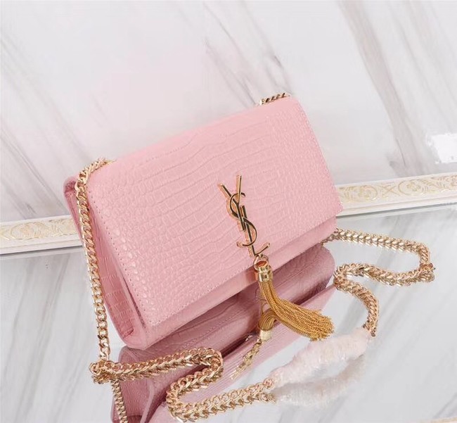 SAINT LAURENT Kate monogram medium crocodile-embossed leather shoulder bag A9288 pink