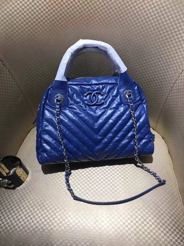 Chanel Bowling Bag Aged Calfskin & Silver-Tone Metal A57836 Blue