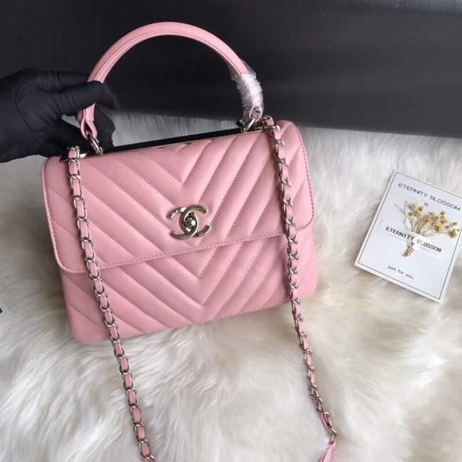 Chanel CC original lambskin top handle flap bag 92236V pink Silver Buckle