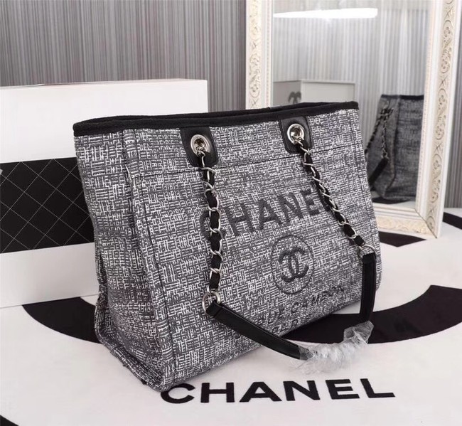 Chanel Canvas Shopping Bag Calfskin & Silver-Tone Metal A23556 grey