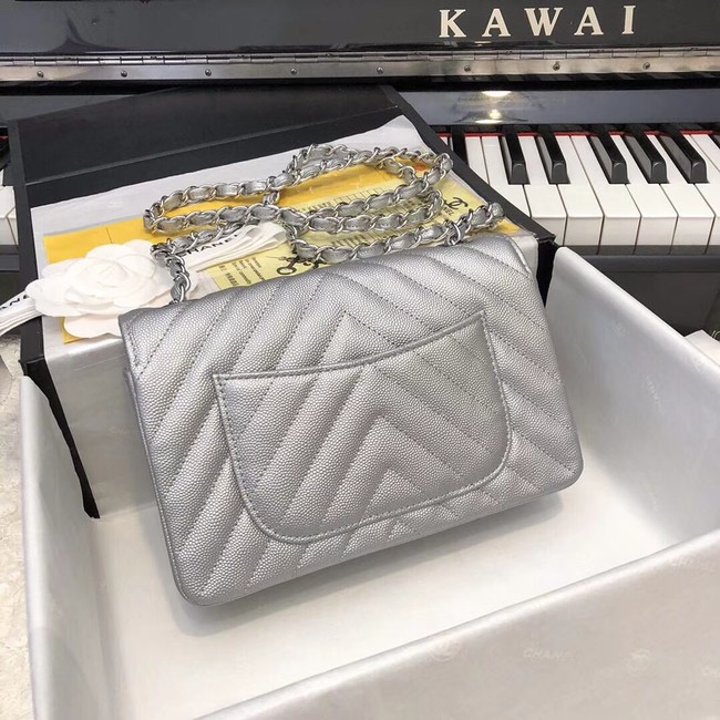 Chanel Small Classic Handbag Grained Calfskin & silver-Tone Metal A69900 silver