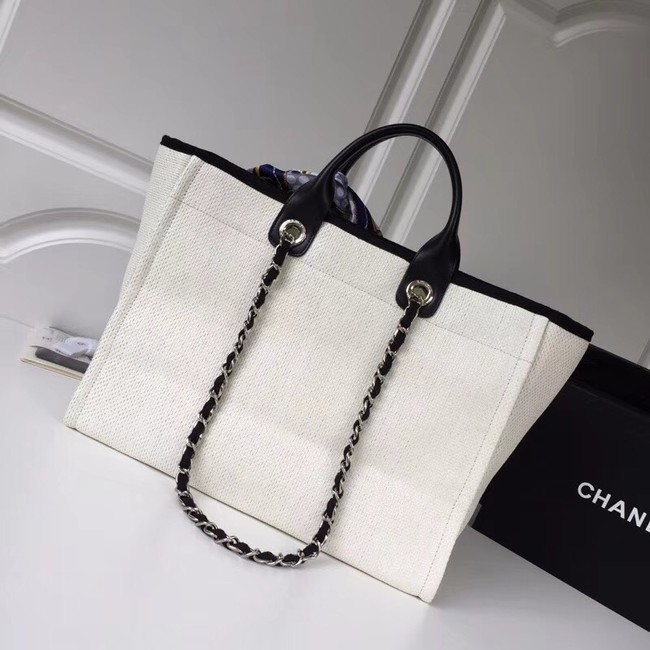 Chanel Original Tote Shopping Bag Canvas Calfskin & Silver-Tone Metal 92298 white