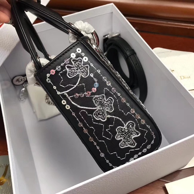 MINI LADY DIOR BAG IN EMBROIDERED CALFSKIN M0505 BLACK