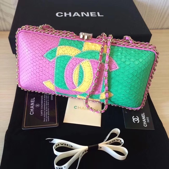 Chanel Minaudiere Metallic Snake skin & Ruthenium-Finish Metal 78990 pink&green