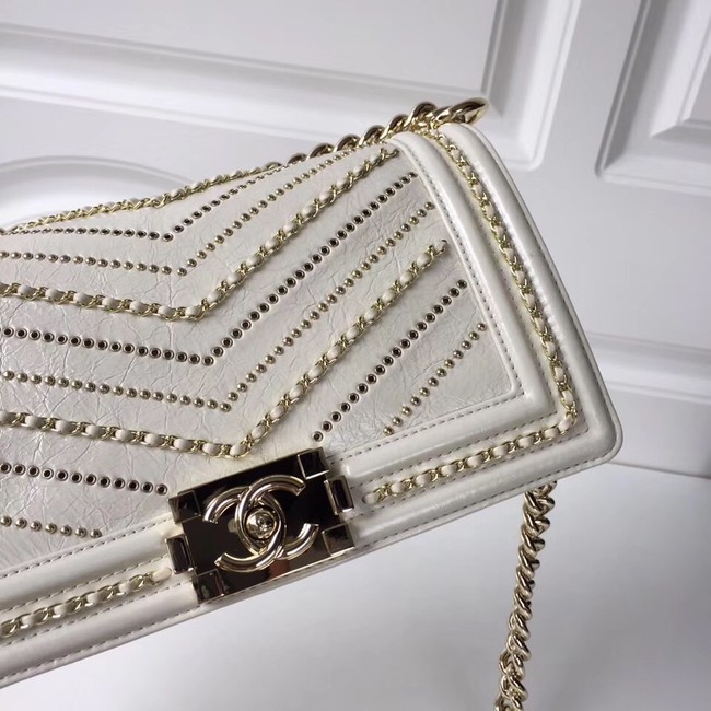 BOY CHANEL Handbag Crumpled Calfskin & Gold-Tone Metal A67086 white