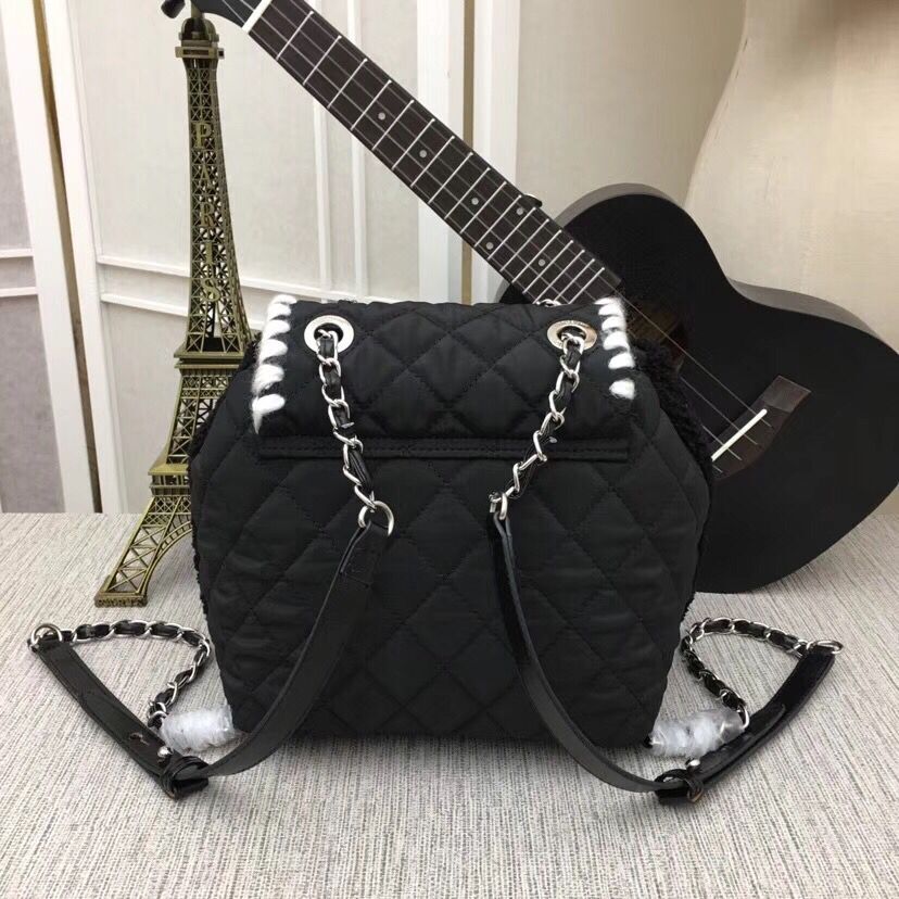 Chanel Rhombus Lamb Wool Suction Rope Backpack C8562 Black