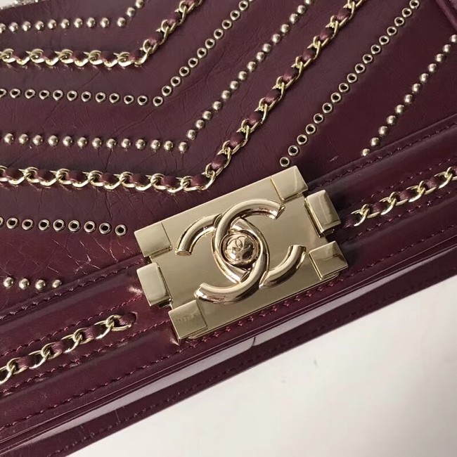 BOY CHANEL Handbag Crumpled Calfskin & Gold-Tone Metal A67086 Burgundy