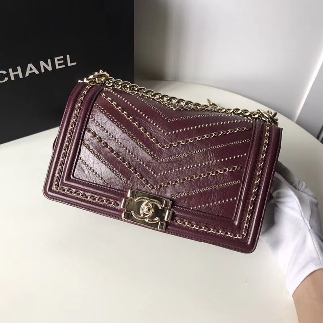 BOY CHANEL Handbag Crumpled Calfskin & Gold-Tone Metal A67086 Burgundy