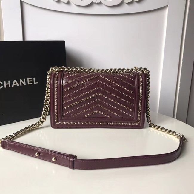 BOY CHANEL Handbag Crumpled Calfskin & Gold-Tone Metal A67086 Burgundy