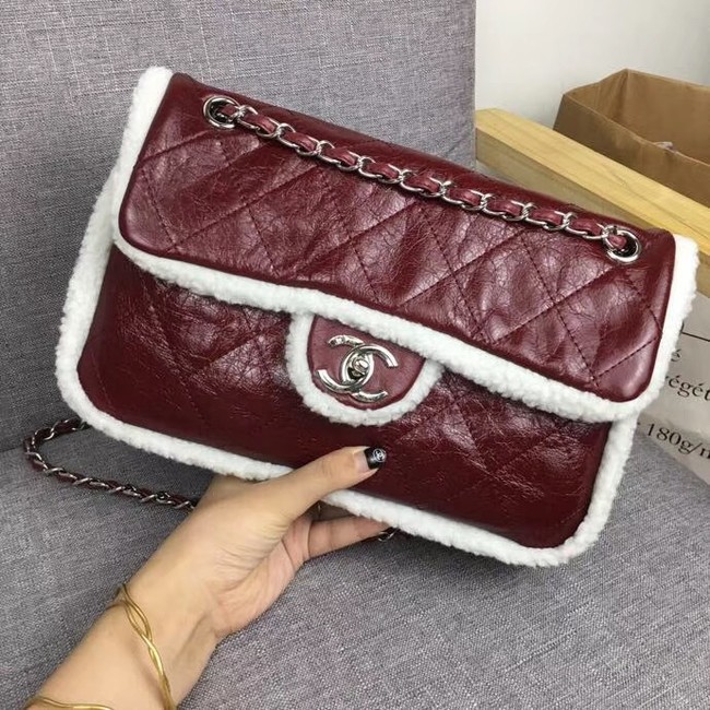 Chanel Flap Bag Shearling Lambskin & silver-Tone Metal 3378 Burgundy