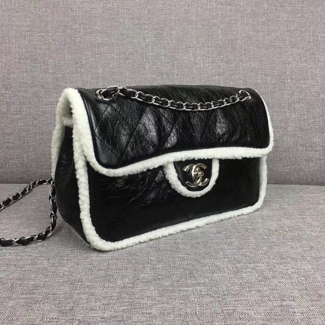 Chanel Flap Bag Shearling Lambskin & silver-Tone Metal 3378 black&white