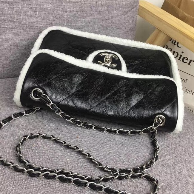 Chanel Flap Bag Shearling Lambskin & silver-Tone Metal 3378 black&white