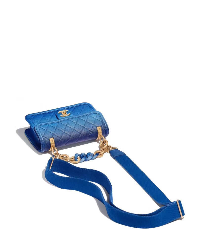 Chanel flap bag Grained Calfskin Resin & Gold-Tone Metal AS0061 blue