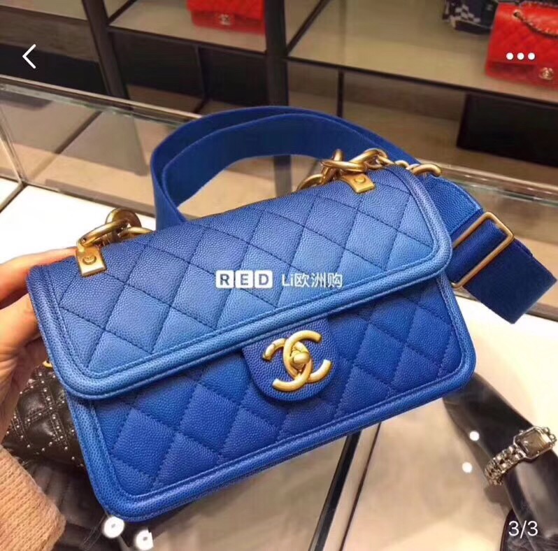 Chanel flap bag Grained Calfskin Resin & Gold-Tone Metal AS0061 blue