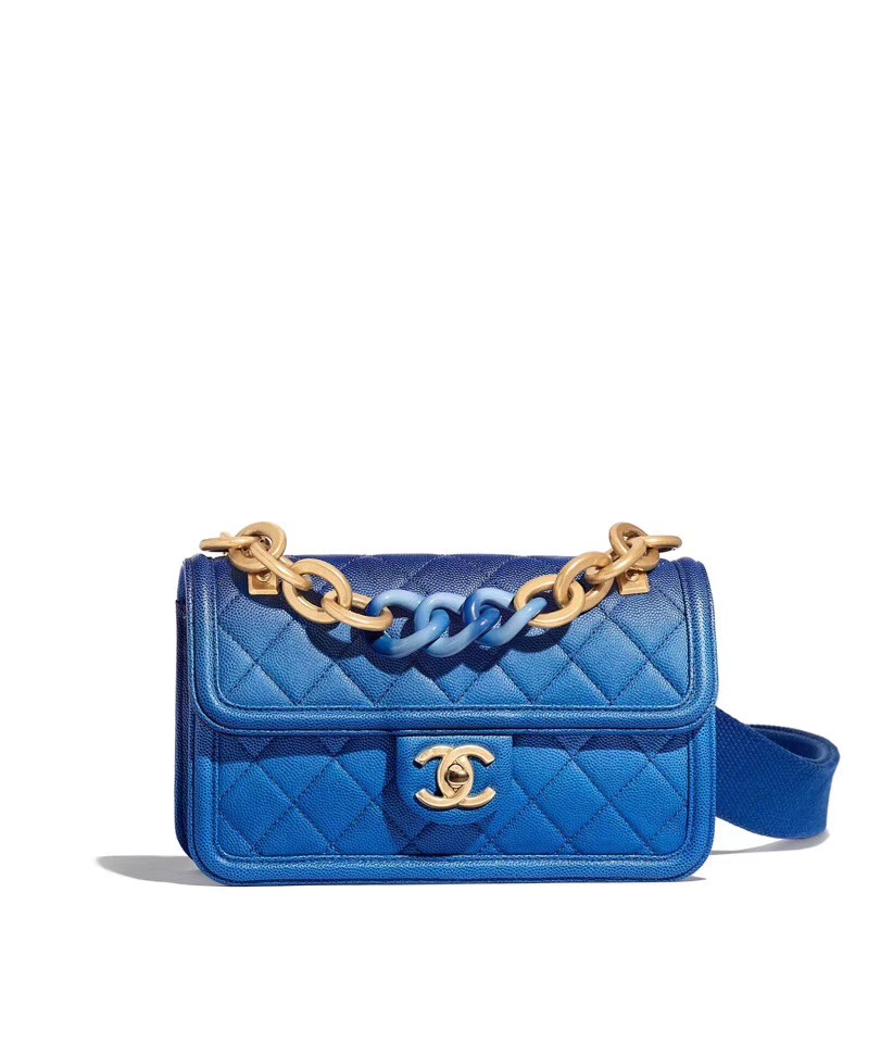 Chanel flap bag Grained Calfskin Resin & Gold-Tone Metal AS0061 blue