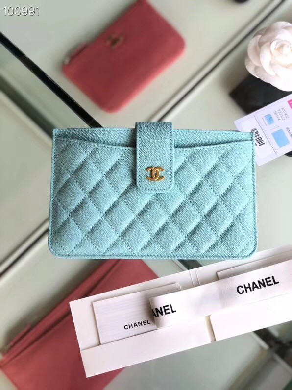 Chanel classic pouch Grained Calfskin & Gold-Tone Metal A81902 sky blue