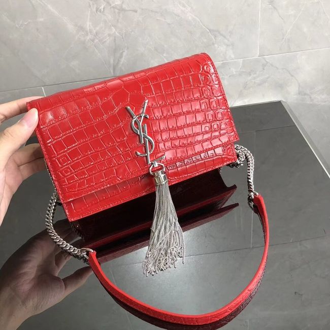 SAINT LAURENT Kate crocodile-embossed leather cross-body bag 452159 red