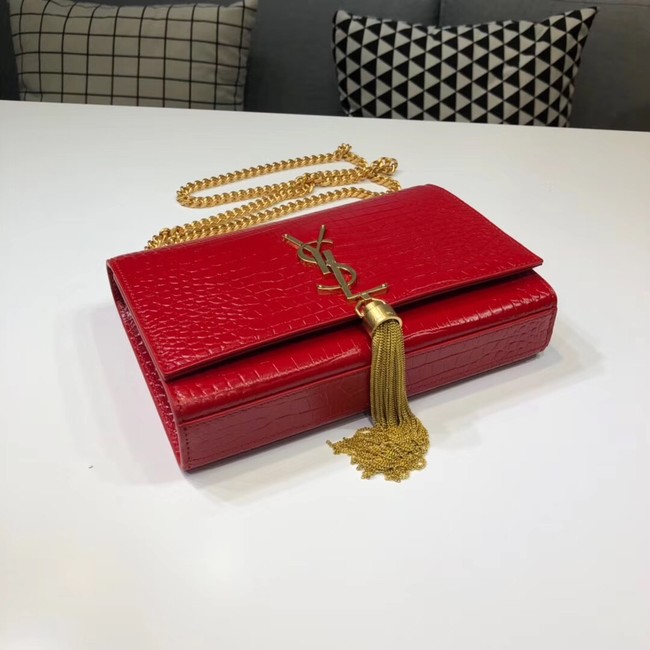 SAINT LAURENT Kate croc-embossed leather shoulder bag 474366 red