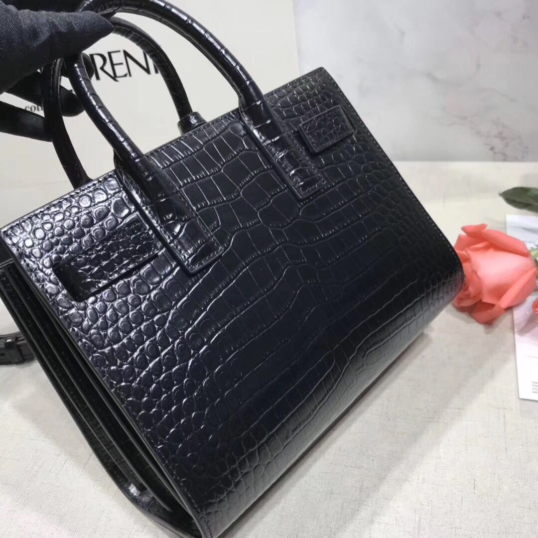 SAINT LAURENT Crocodile-Embossed Leather Organ Bag 392035 Black