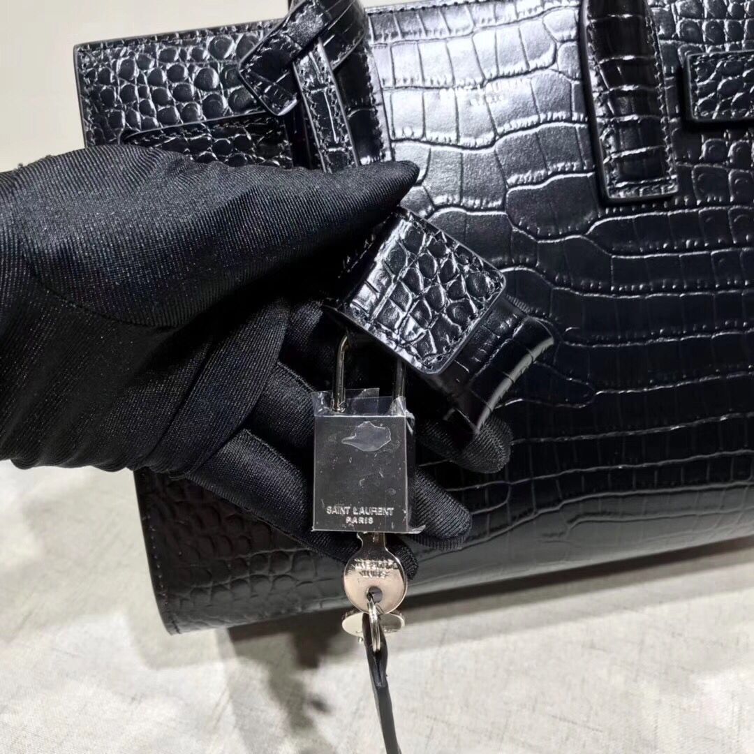 SAINT LAURENT Crocodile-Embossed Leather Organ Bag 392035 Black