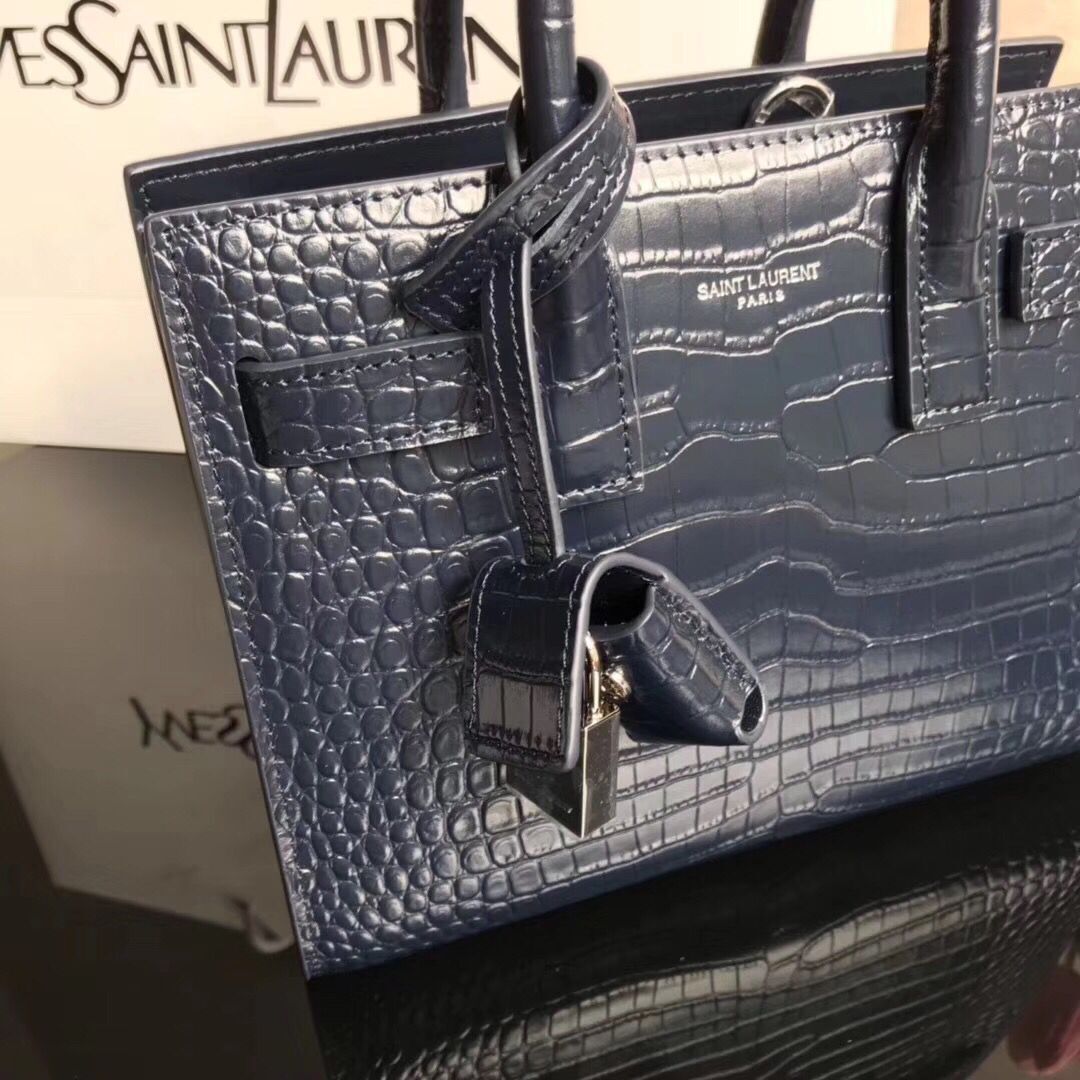 SAINT LAURENT Crocodile-Embossed Leather Organ Bag 392035 Dark Blue