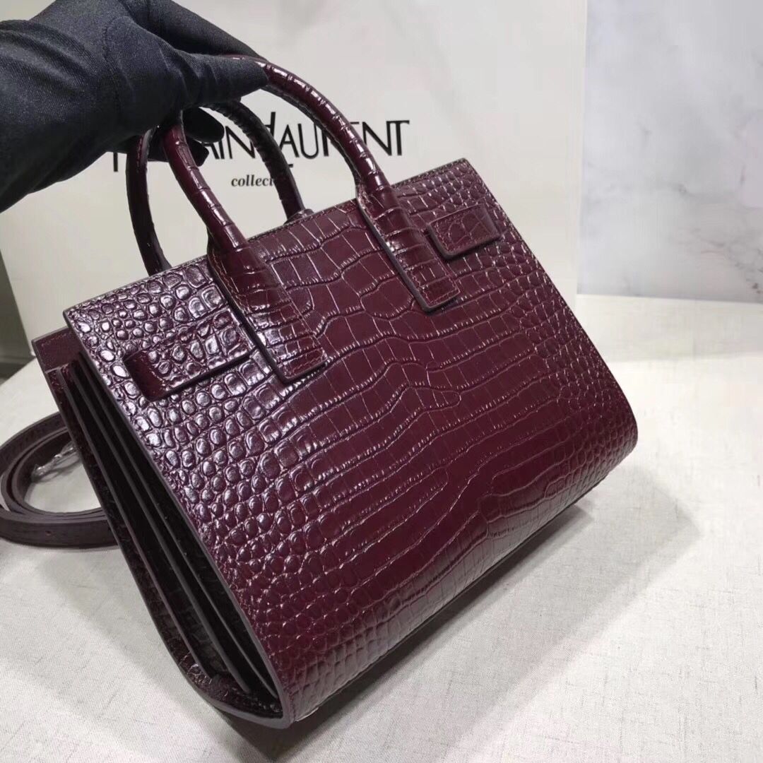 SAINT LAURENT Crocodile-Embossed Leather Organ Bag 392035 Wine