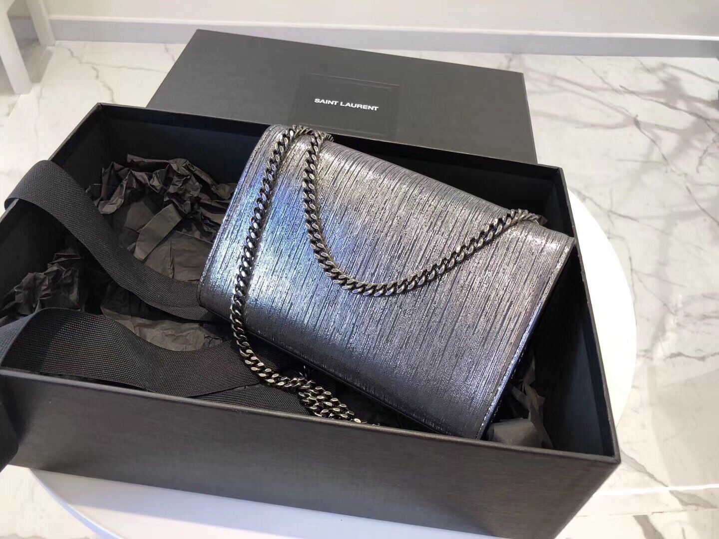 SAINT LAURENT Kate Silver Wire croc-embossed Shoulder Bag 474366 Silver