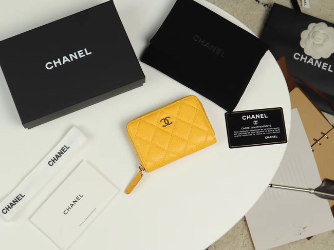 Chanel classic card holder Grained Calfskin & Gold-Tone Metal A69271 yellow