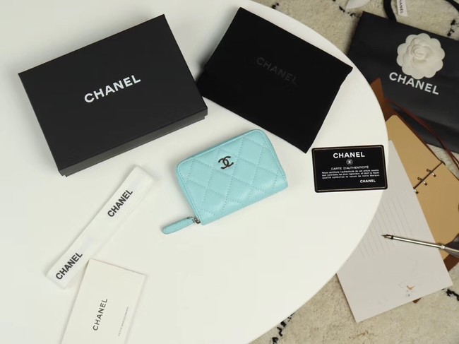 Chanel classic card holder Grained Calfskin & silver-Tone Metal A69271 sky Blue